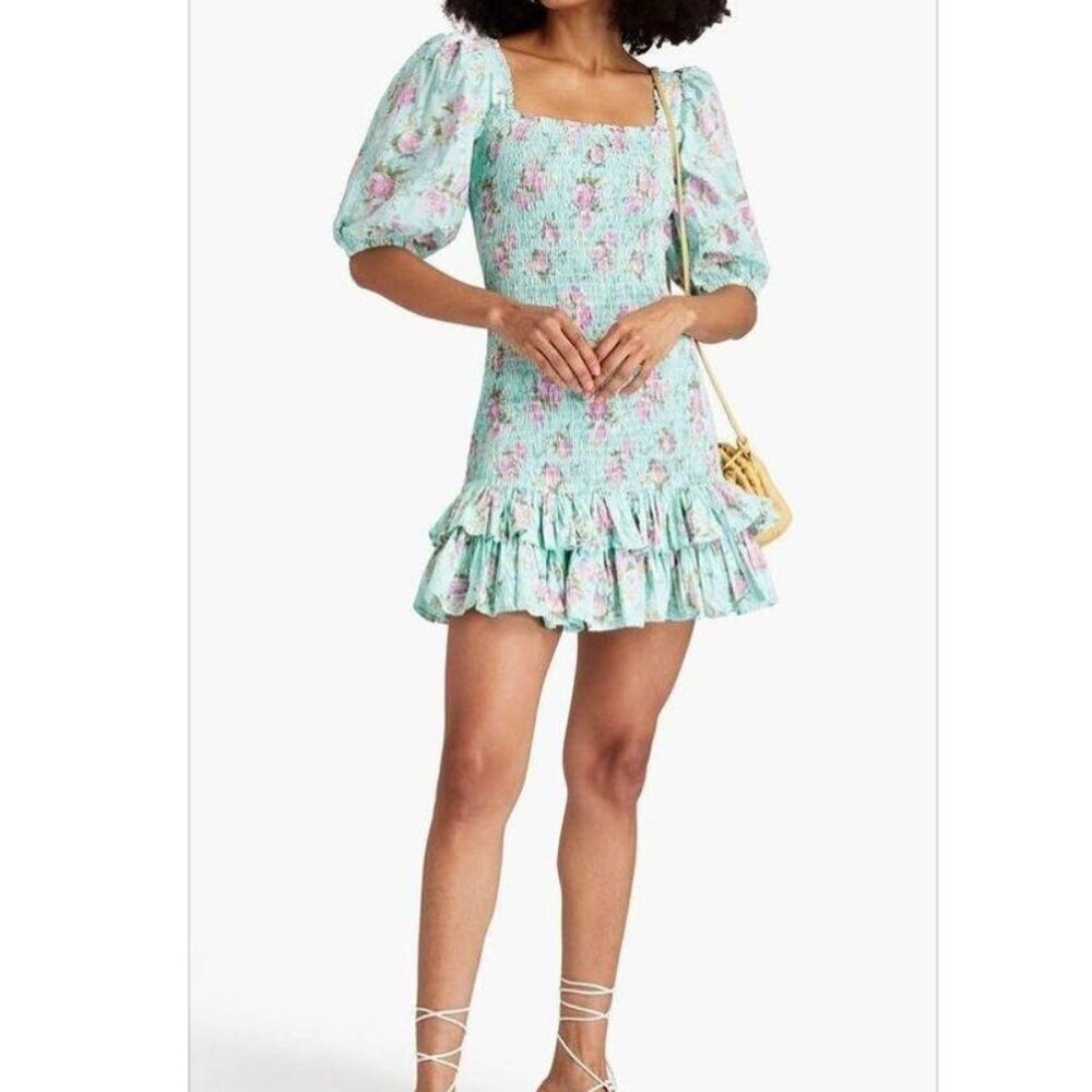 BYTIMO Dropped Waist Camelia Shirred Floral-print Cotton Mini Dress Turquoise M - Picture 5 of 12
